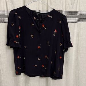 Madewell Navy Blouse with Red Floral Accents
